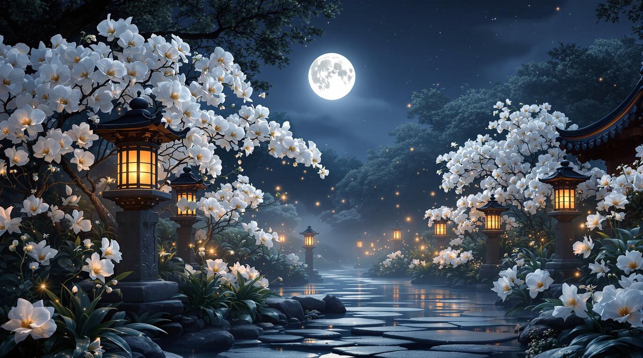 二次元网 - 月光下的兰花庭院，静谧优雅的氛围
